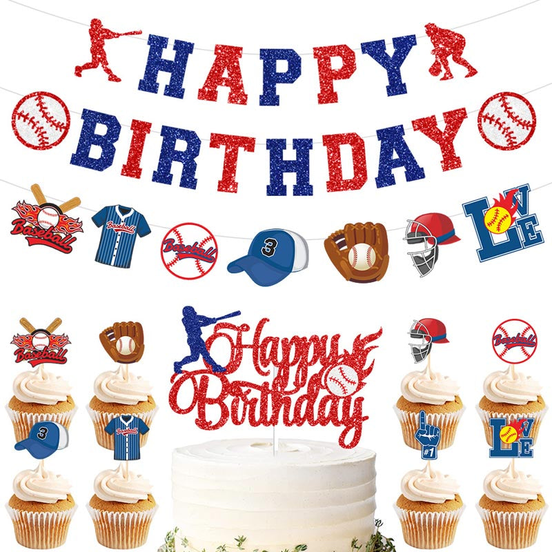 Red and Blue Baseball Theme Happy Birthday Decor︱Letter Happy Birthday Bunting Banner, Cake Toppers, Garland