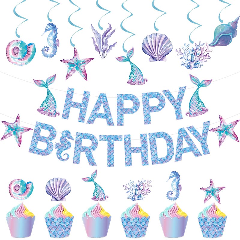 Girls Mermaid Theme Happy Birthday Decor︱Letter Happy Birthday Bunting Banner, Hanging Swirl, Cake Toppers with Background Backdrop Decorations