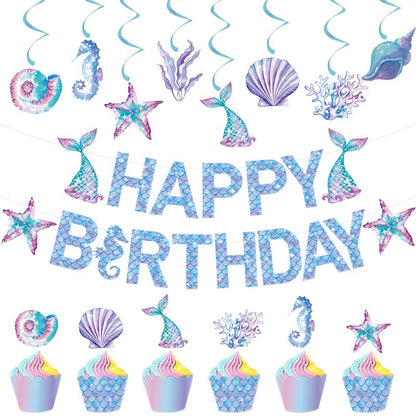 Girls Mermaid Theme Happy Birthday Decor︱Letter Happy Birthday Bunting Banner, Hanging Swirl, Cake Toppers with Background Backdrop Decorations