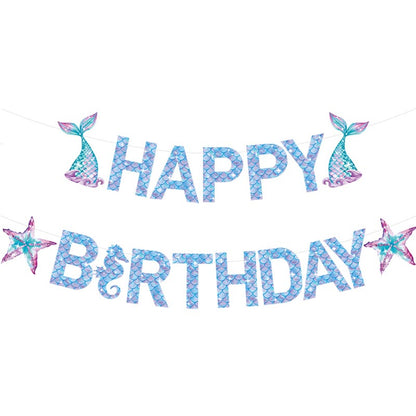 Girls Mermaid Theme Happy Birthday Decor︱Letter Happy Birthday Bunting Banner, Hanging Swirl, Cake Toppers with Background Backdrop Decorations