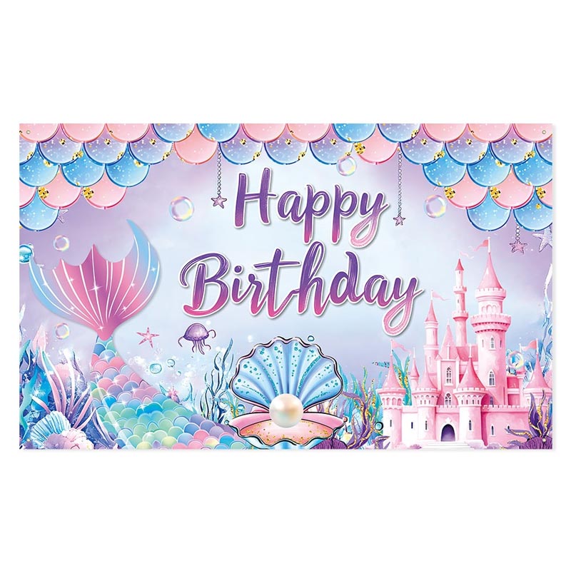 Girls Mermaid Theme Happy Birthday Decor︱Letter Happy Birthday Bunting Banner, Hanging Swirl, Cake Toppers with Background Backdrop Decorations