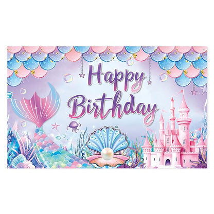 Girls Mermaid Theme Happy Birthday Decor︱Letter Happy Birthday Bunting Banner, Hanging Swirl, Cake Toppers with Background Backdrop Decorations