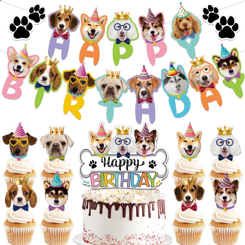 Dog Lovers Theme Happy Birthday Decor︱Letter Happy Birthday Bunting Banner, Cake Toppers