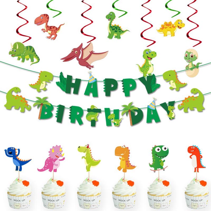 Kid's Little Dinosaur Dino Theme Happy Birthday Decor︱Letter Happy Birthday Bunting Banner, Dino Hanging Swirl, Cake Toppers