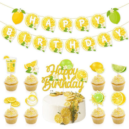 Yellow Lemon and Lime Theme Happy Birthday Decor︱Bunting Banner, Cake Toppers