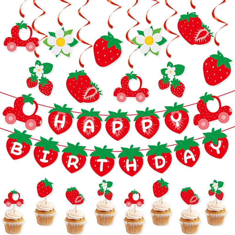 Strawberry Theme Happy Birthday Decor︱Bunting Banner, Strawberry Hanging Swirl, Cake Toppers