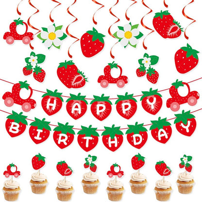 Strawberry Theme Happy Birthday Decor︱Bunting Banner, Strawberry Hanging Swirl, Cake Toppers