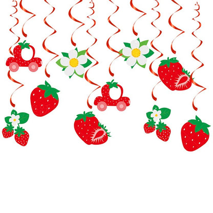 Strawberry Theme Happy Birthday Decor︱Bunting Banner, Strawberry Hanging Swirl, Cake Toppers