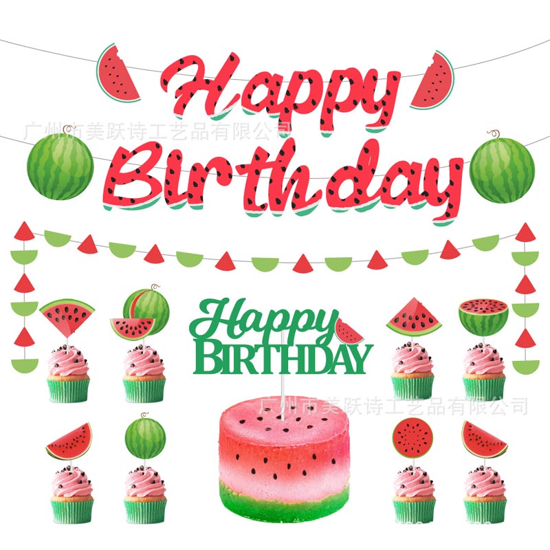 Summer Watermelon Theme Happy Birthday Decor︱Letter Happy Birthday Bunting Banner, Hanging Swirl, Cake Toppers, Circle Dots Garland