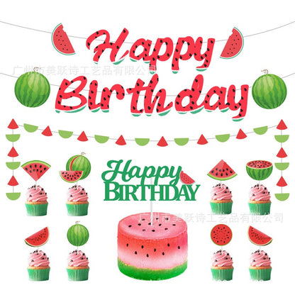 Summer Watermelon Theme Happy Birthday Decor︱Letter Happy Birthday Bunting Banner, Hanging Swirl, Cake Toppers, Circle Dots Garland