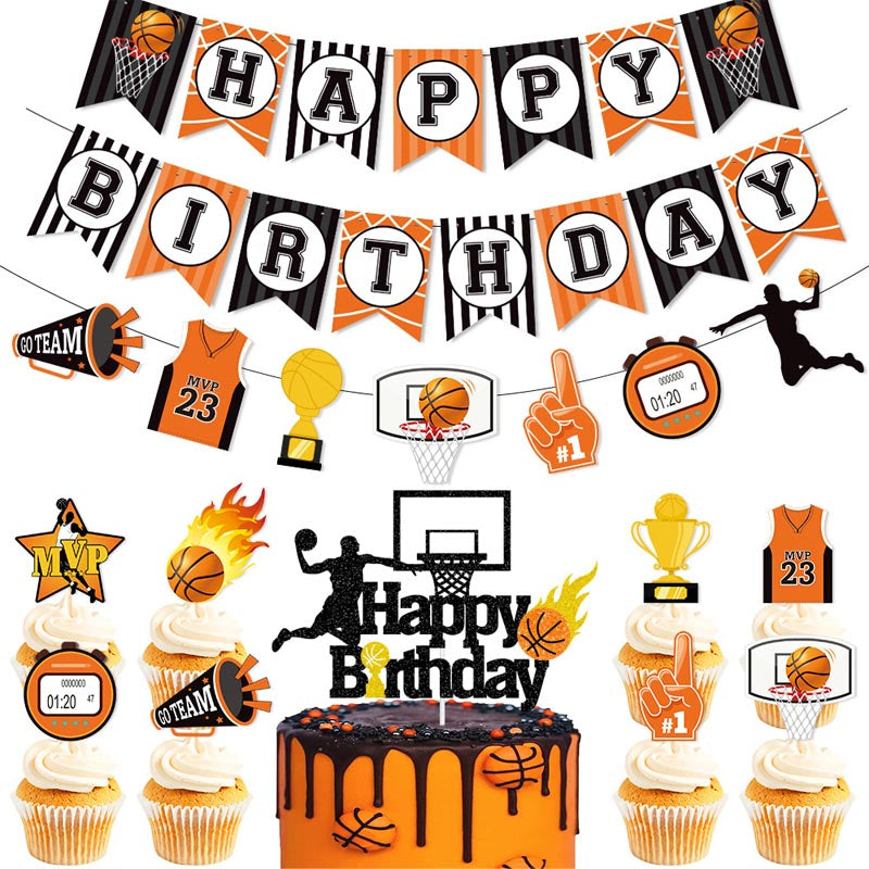 Black and Orange Basketball Theme Happy Birthday Decor︱Bunting Banner, Hanging Swirl, Cake Toppers, Garland