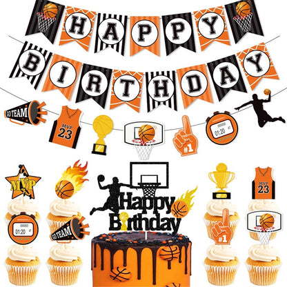 Black and Orange Basketball Theme Happy Birthday Decor︱Bunting Banner, Hanging Swirl, Cake Toppers, Garland