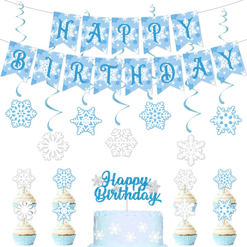 Blue and White Snowflake Theme Happy Birthday Decor︱Bunting Banner, Hanging Swirl, Cake Toppers