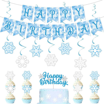 Blue and White Snowflake Theme Happy Birthday Decor︱Bunting Banner, Hanging Swirl, Cake Toppers