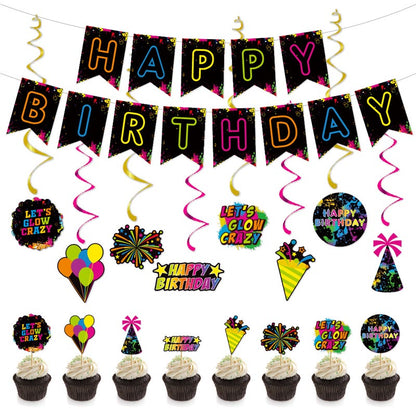 Colorful Fluorescent Theme Happy Birthday Decor︱Bunting Banner, Hanging Swirl, Cake Toppers