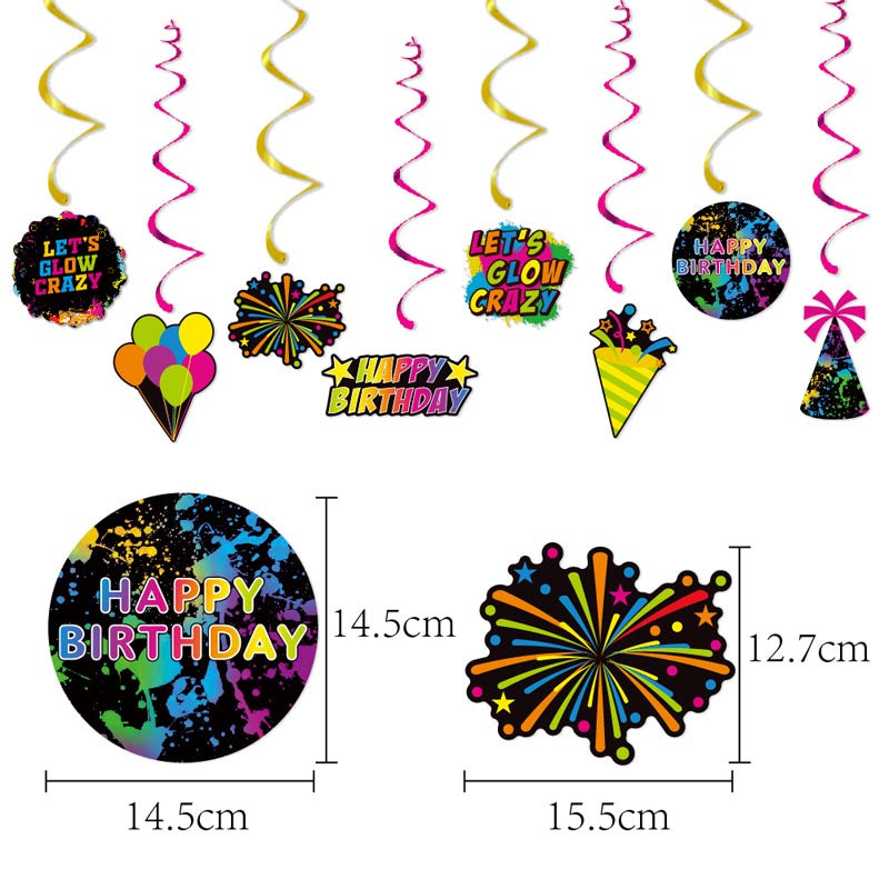 Colorful Fluorescent Theme Happy Birthday Decor︱Bunting Banner, Hanging Swirl, Cake Toppers