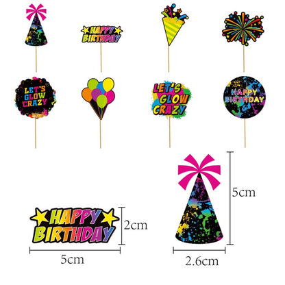Colorful Fluorescent Theme Happy Birthday Decor︱Bunting Banner, Hanging Swirl, Cake Toppers