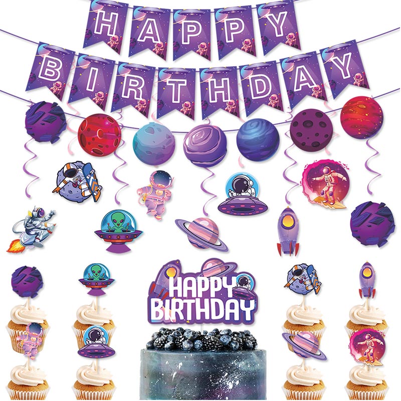 Purple Planet Theme Happy Birthday Decor︱Bunting Banner, Hanging Swirl, Cake Toppers, Planet Garland