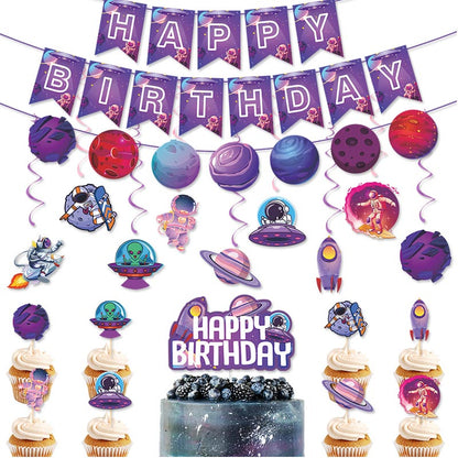 Purple Planet Theme Happy Birthday Decor︱Bunting Banner, Hanging Swirl, Cake Toppers, Planet Garland