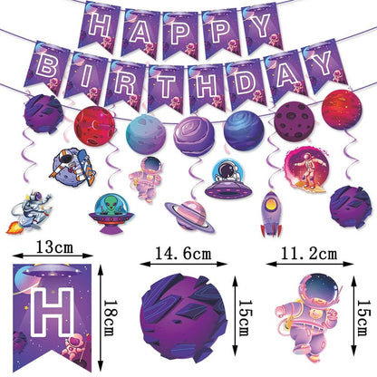 Purple Planet Theme Happy Birthday Decor︱Bunting Banner, Hanging Swirl, Cake Toppers, Planet Garland