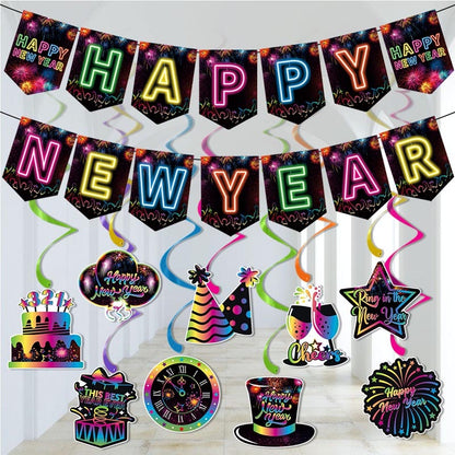 Fluorescent Theme Happy New Year Decor - Bunting/Cake Toppers