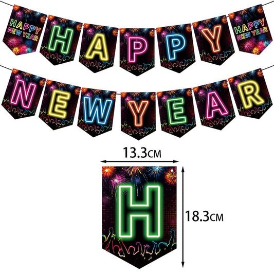Fluorescent Theme Happy New Year Decor - Bunting/Cake Toppers
