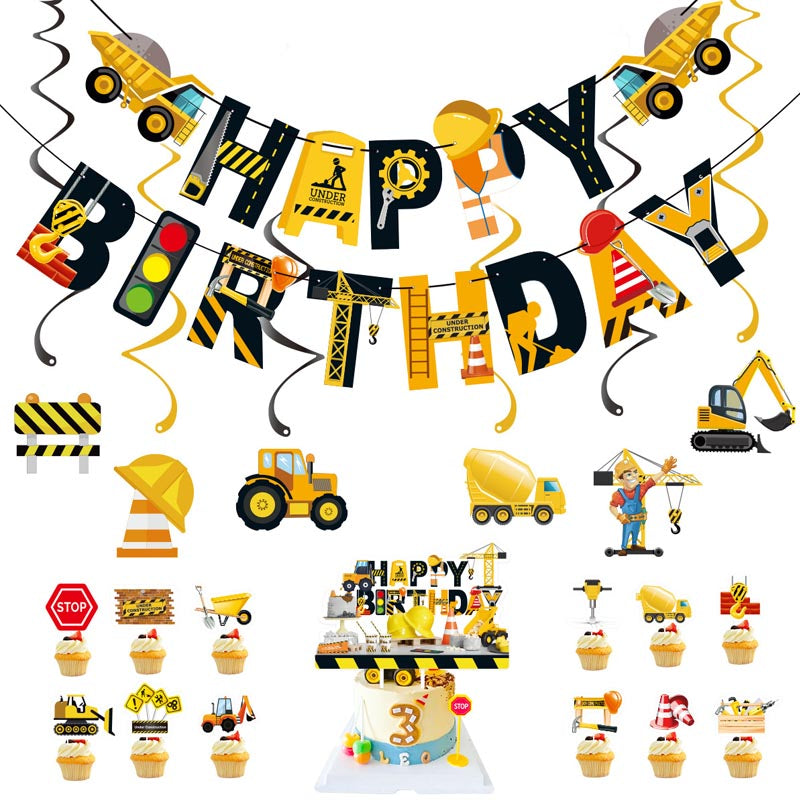 Kid's Construction Vehicle Happy Birthday Decor︱Letter Happy Birthday Bunting Banner, Hanging Swirl, Cake Toppers