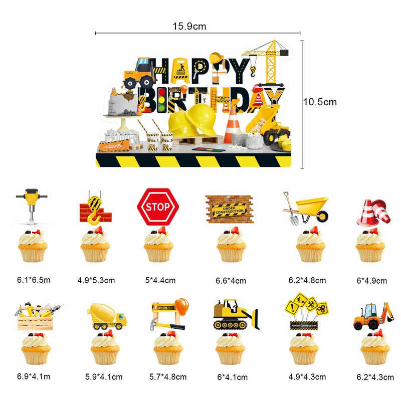 Kid's Construction Vehicle Happy Birthday Decor︱Letter Happy Birthday Bunting Banner, Hanging Swirl, Cake Toppers