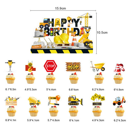 Kid's Construction Vehicle Happy Birthday Decor︱Letter Happy Birthday Bunting Banner, Hanging Swirl, Cake Toppers