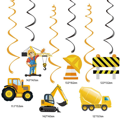 Kid's Construction Vehicle Happy Birthday Decor︱Letter Happy Birthday Bunting Banner, Hanging Swirl, Cake Toppers
