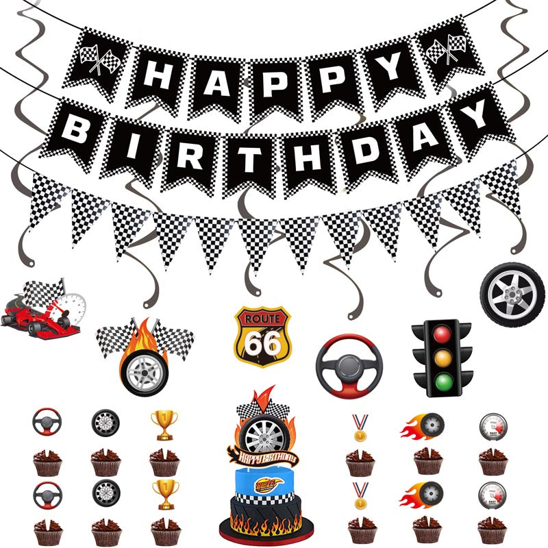 Black and White F1 Car Racing Happy Birthday Decor︱Bunting Banner, Hanging Swirl, Cake Toppers, Pennant Banner Flag for Kid's or Car Racing Lovers
