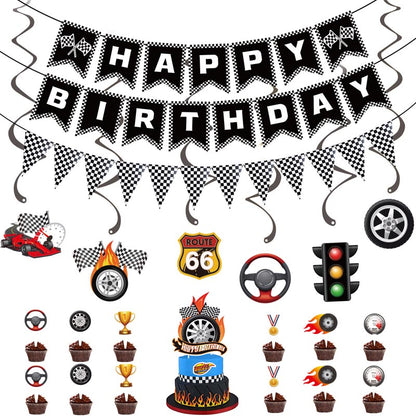 Black and White F1 Car Racing Happy Birthday Decor︱Bunting Banner, Hanging Swirl, Cake Toppers, Pennant Banner Flag for Kid's or Car Racing Lovers