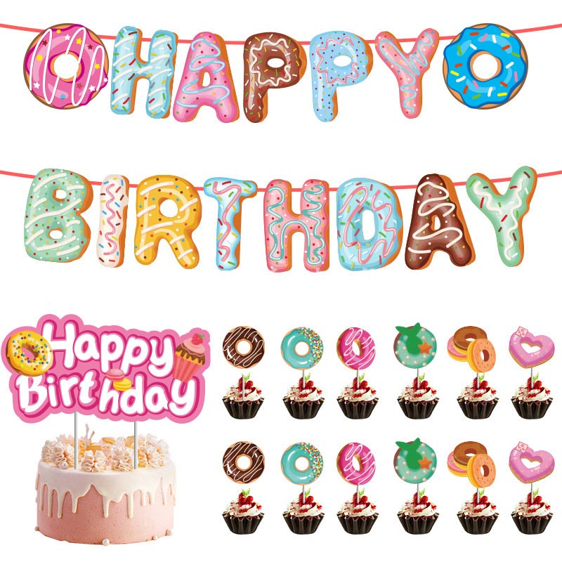 Happy Birthday Sweet Doughnuts Decor︱Letter Happy Birthday Bunting Banner, Cake Toppers