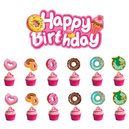 Happy Birthday Sweet Doughnuts Decor︱Letter Happy Birthday Bunting Banner, Cake Toppers
