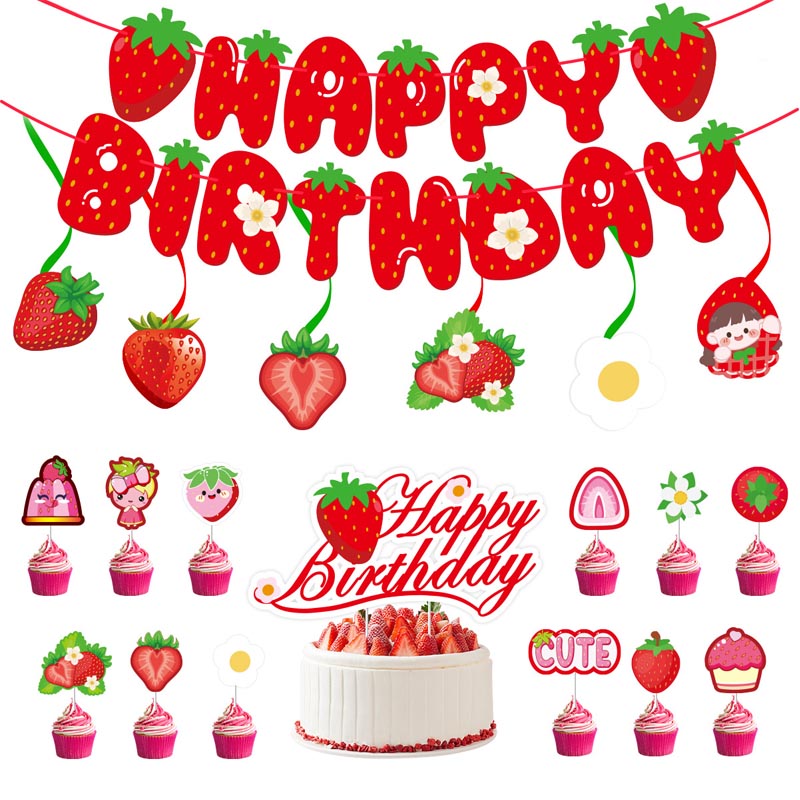 Sweetie Strawberry Theme Happy Birthday Decor︱Letter Happy Birthday Bunting Banner, Hanging Swirl, Cake Toppers