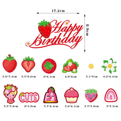 Sweetie Strawberry Theme Happy Birthday Decor︱Letter Happy Birthday Bunting Banner, Hanging Swirl, Cake Toppers