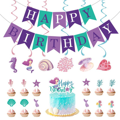 Girl's Mermaid Theme Happy Birthday Decor︱Bunting Banner, Hanging Swirl, Cake Toppers