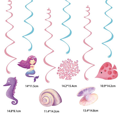 Girl's Mermaid Theme Happy Birthday Decor︱Bunting Banner, Hanging Swirl, Cake Toppers