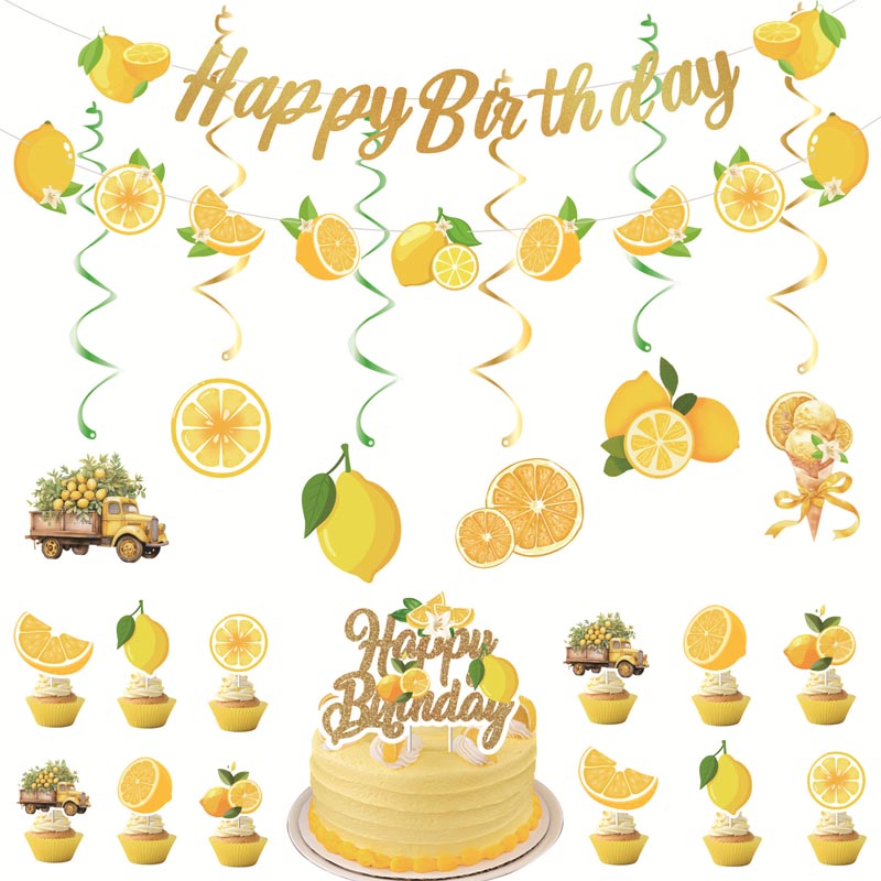 Yellow Lemon Theme Happy Birthday Decor︱Letter Happy Birthday Bunting Banner, Hanging Swirl, Cake Toppers, Lemon Garland
