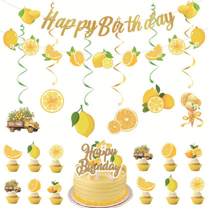 Yellow Lemon Theme Happy Birthday Decor︱Letter Happy Birthday Bunting Banner, Hanging Swirl, Cake Toppers, Lemon Garland