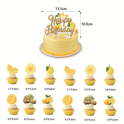 Yellow Lemon Theme Happy Birthday Decor︱Letter Happy Birthday Bunting Banner, Hanging Swirl, Cake Toppers, Lemon Garland