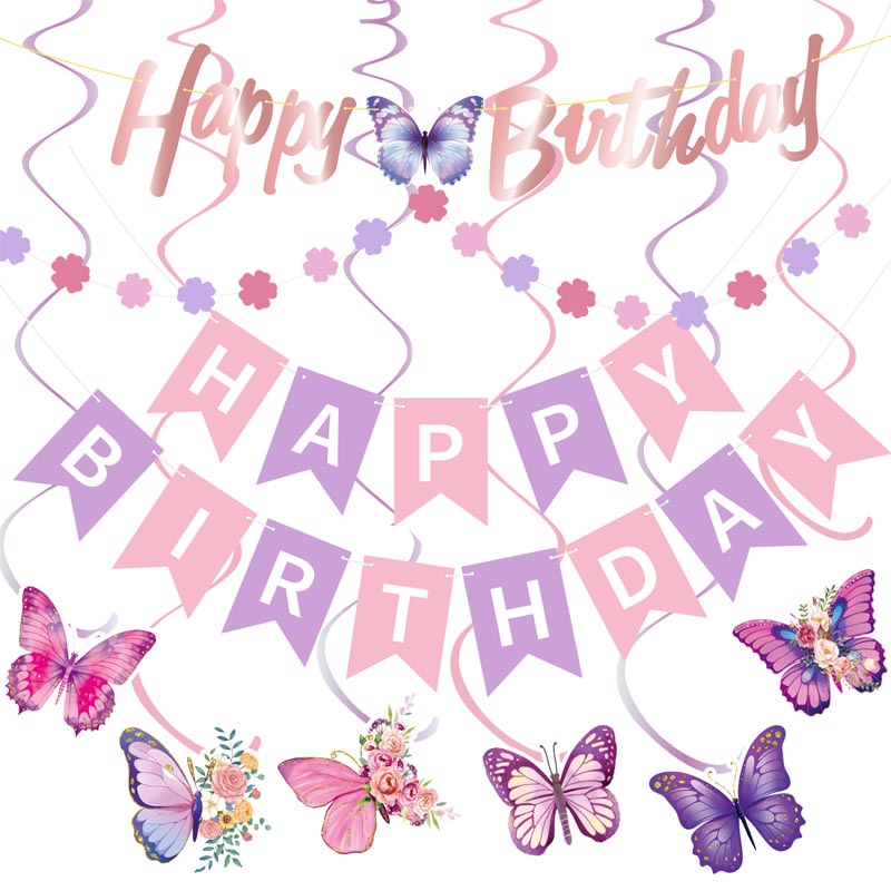 Girl's Butterfly Happy Birthday Decor︱Bunting Banner, Butterfly Hanging Swirl, Circle Dots Garland
