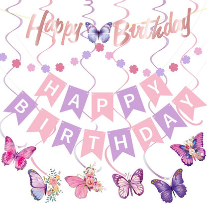 Girl's Butterfly Happy Birthday Decor︱Bunting Banner, Butterfly Hanging Swirl, Circle Dots Garland