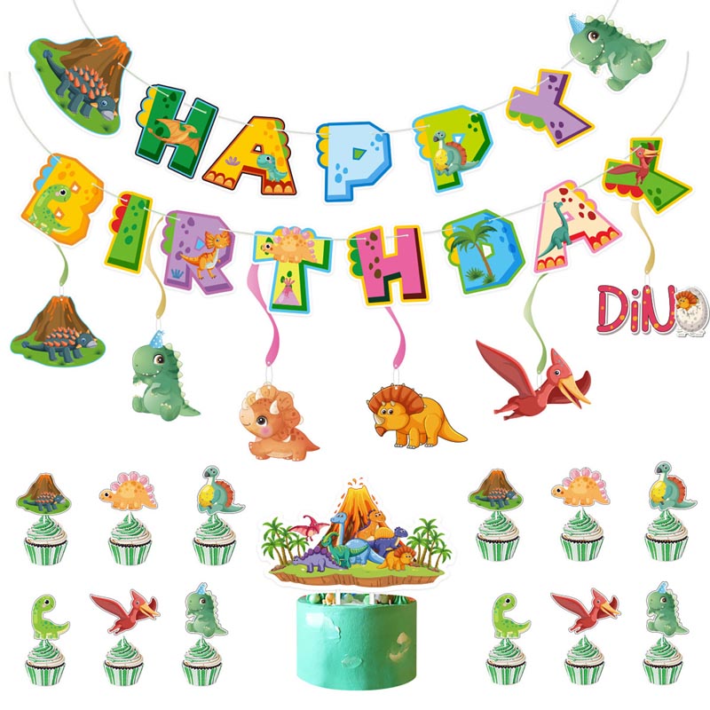 Kid's Birthday Dinosaur Dino Happy Birthday Decor︱Bunting Banner, Hanging Swirl, Cake Toppers
