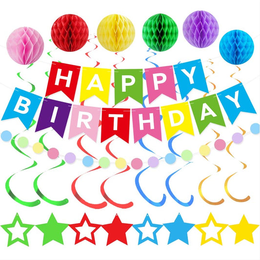 Happy Birthday Bunting Set #1 MIXED Color Banner with Honeycomb Ball, Stars Hanging Swirl, Circle Dots Garland