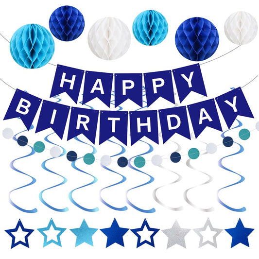 Happy Birthday Bunting Set #2 BLUE-WHITE Color Banner with Honeycomb Ball, Stars Hanging Swirl, Circle Dots Garland