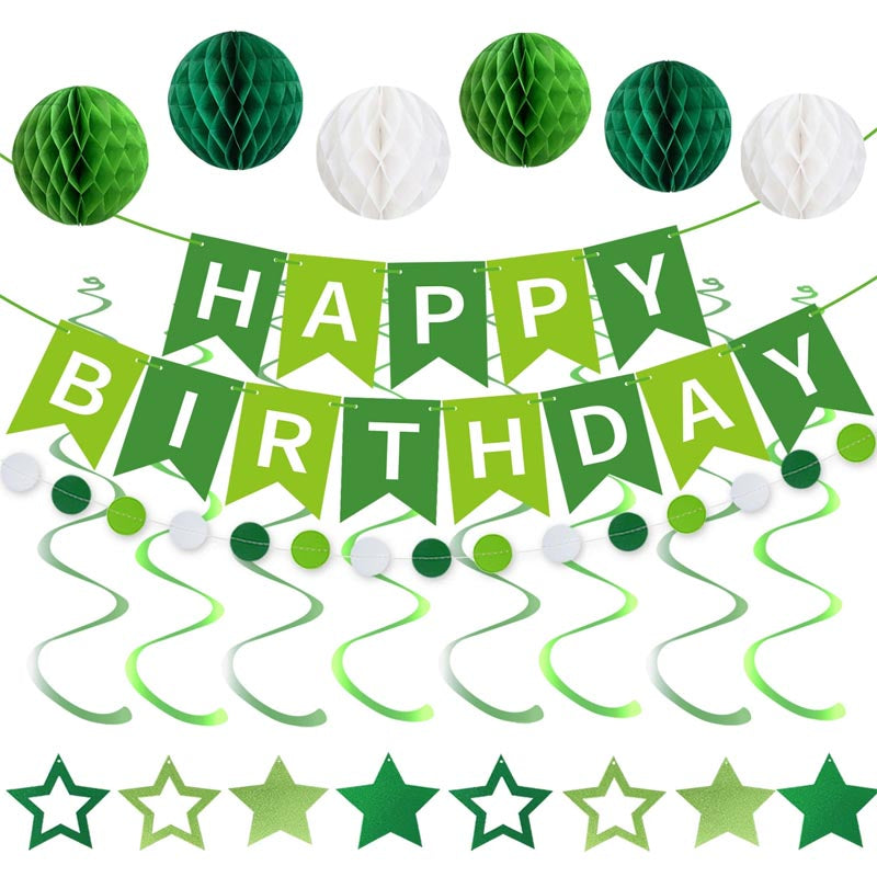 Happy Birthday Bunting Set #3 GREEN-WHITE Color Banner with Honeycomb Ball, Stars Hanging Swirl, Circle Dots Garland
