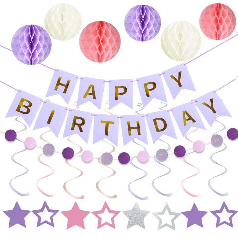 Happy Birthday Bunting Set #4 PINK-PURPLE-WHITE Color Banner with Honeycomb Ball, Stars Hanging Swirl, Circle Dots Garland