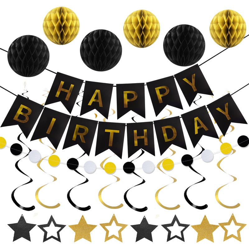 Happy Birthday Bunting Set #5 BLACK-GOLD Color Banner with Honeycomb Ball, Stars Hanging Swirl, Circle Dots Garland