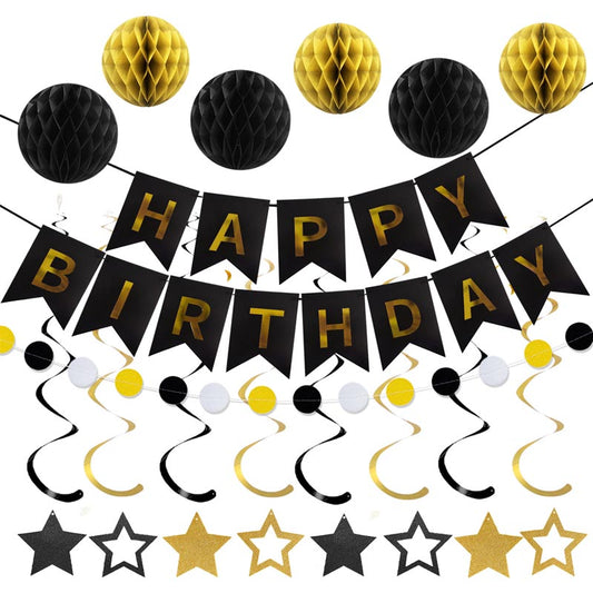 Happy Birthday Bunting Set #5 BLACK-GOLD Color Banner with Honeycomb Ball, Stars Hanging Swirl, Circle Dots Garland